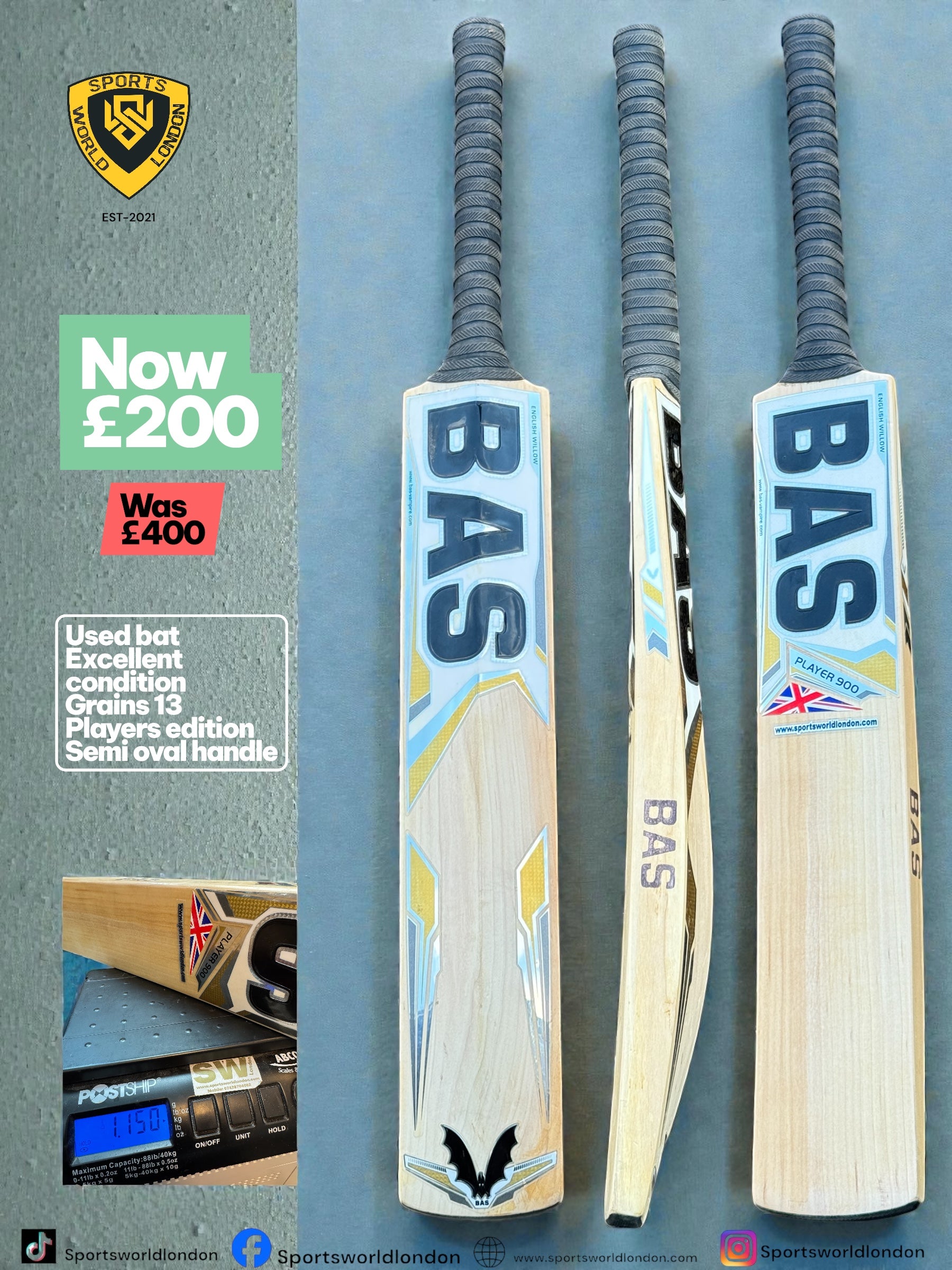 BAS Players Edition English Willow Cricket Bat - Used
